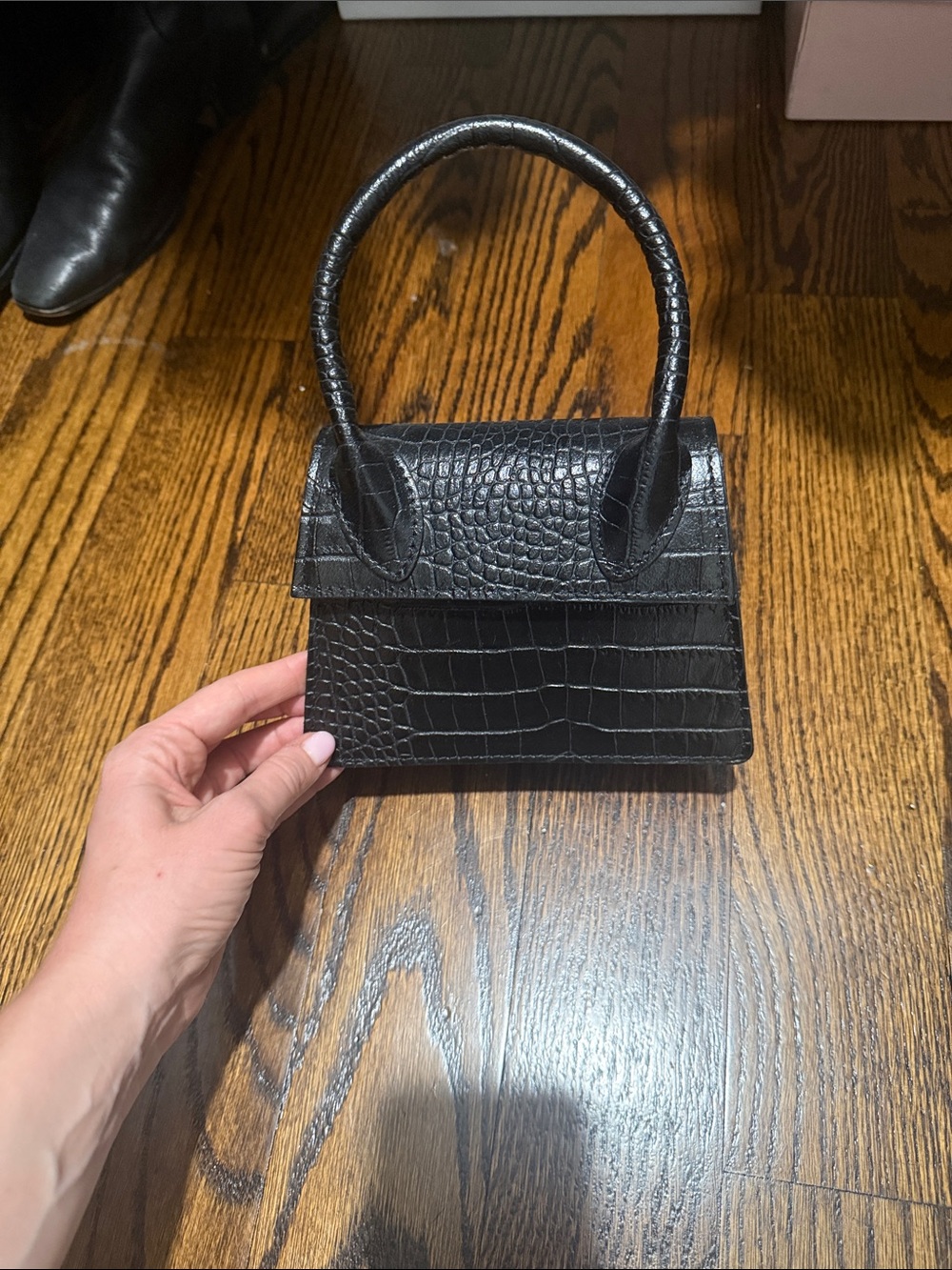 Black Croc-Embossed Mini Top-Handle Bag